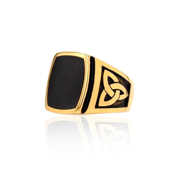 Anello con Pietra nera in acciaio 316L oro