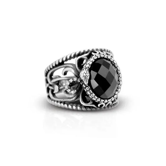 Anello con Serpente e Pietra Ovale argento pietra nera