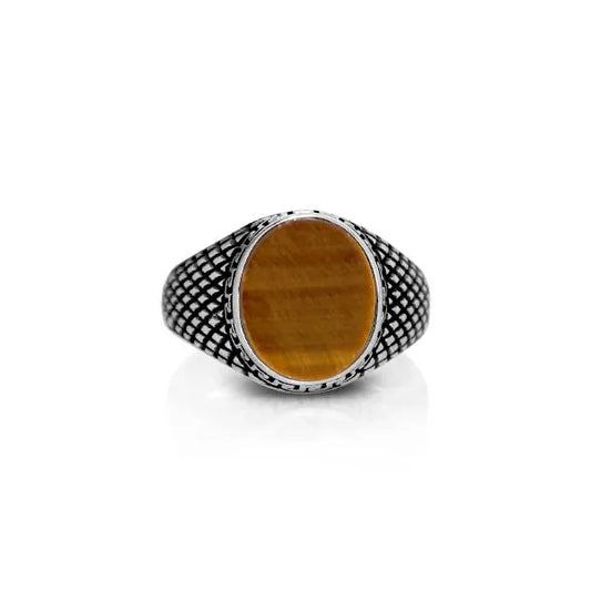 Anello con pietra in acciaio inox marrone