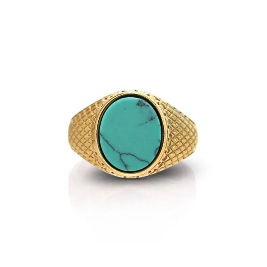 Anello con pietra in acciaio inox oro pietra turchese