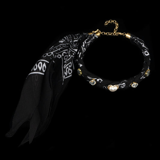 Collana chocker bandana nero intrecciato oro